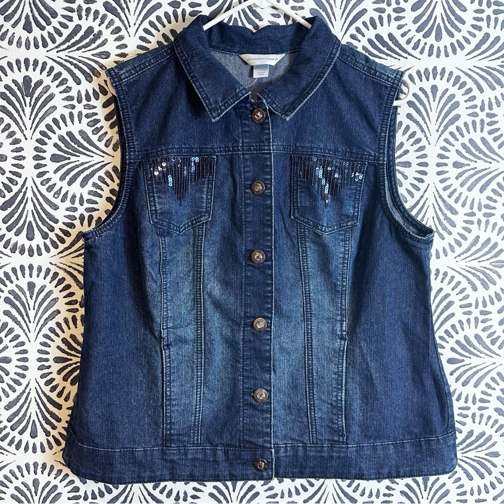 Christopher & Banks Sequin Pocket Bling Button Denim Jean Vest